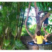 Child on the 100cm black round nest swing hung from a tree in a garden