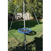 Heavy duty blue rope nest swing on a tripod stand, from the side