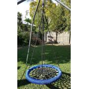 Heavy duty blue rope nest swing on a tripod stand in a backyard