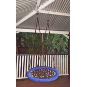 Heavy duty blue rope nest swing hanging on a verandah