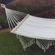 XL Free Standing Hammock: White Spreader Bar Canvas Hammock with Tassels and Arc Stand