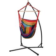Rainbow canvas hammock chair with pillow on the X stand, on white