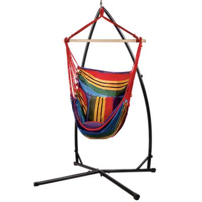 Rainbow canvas hammock chair with pillow on the X stand, on white