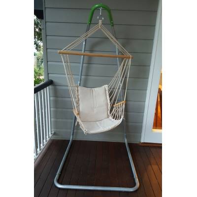 Beige Padded Hammock Chair with Wooden Arm Rests with U Stand