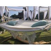 XL Free Standing Hammock: White Spreader Bar Canvas Hammock with Tassels and Arc Stand