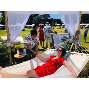 XL Free Standing Hammock: White Spreader Bar Canvas Hammock with Tassels and Arc Stand