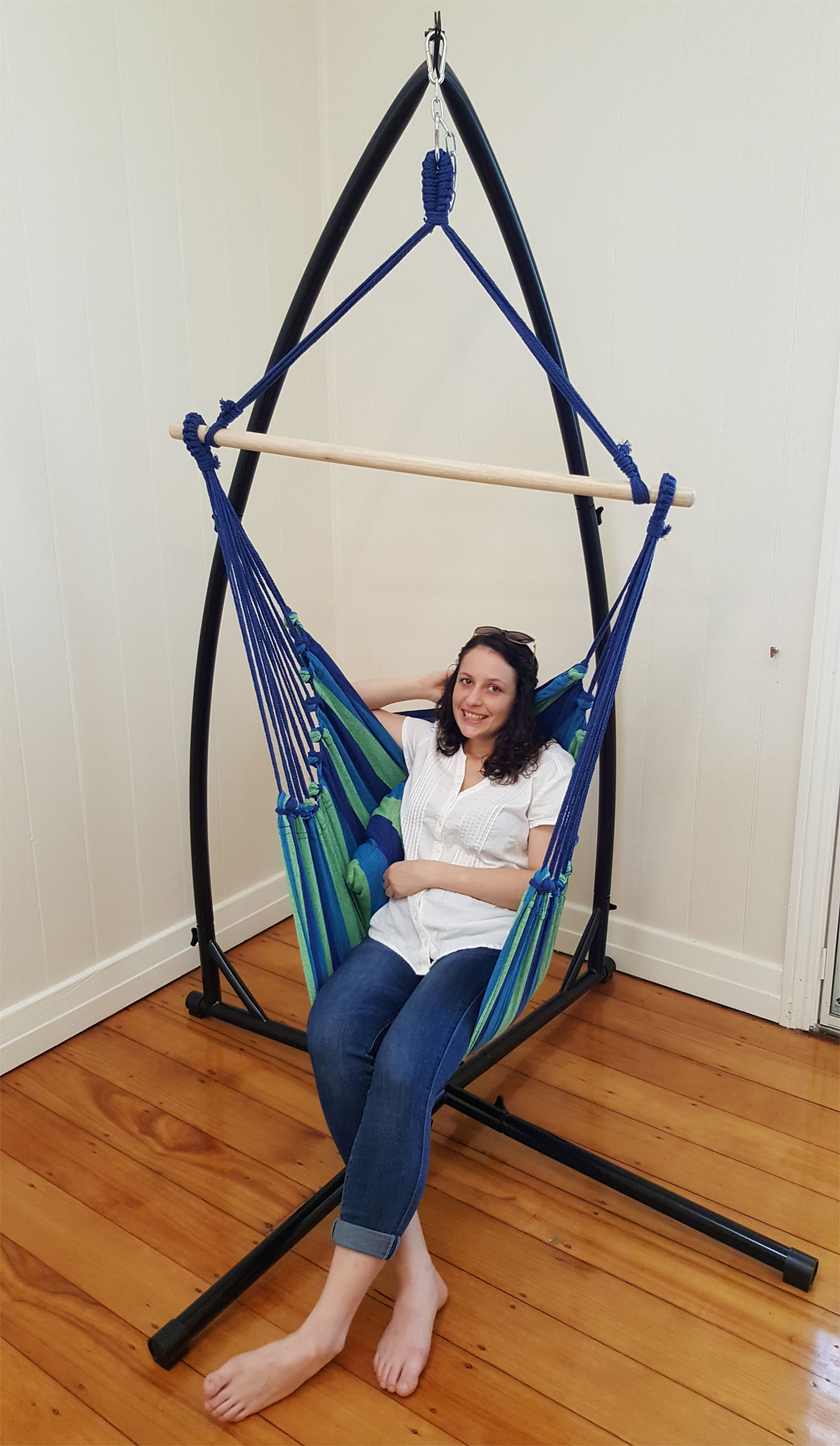 Blue Padded Hammock Chair With Pillows With Stand - Heavenly Hammocks