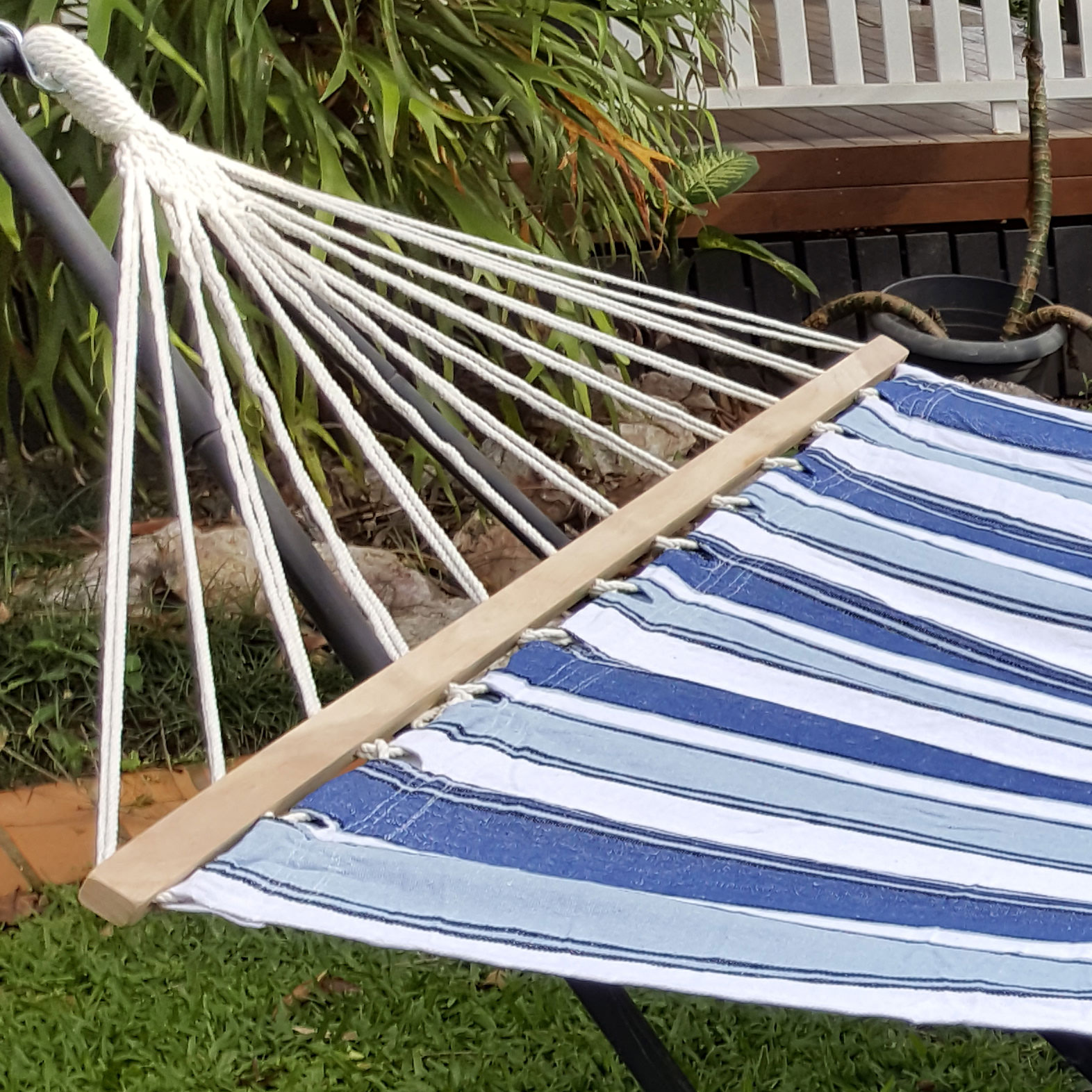 Large Blue and White Canvas Hammock with Spreader Bar
