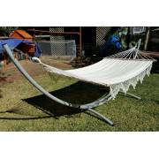 XL Free Standing Hammock: White Spreader Bar Canvas Hammock with Tassels and Arc Stand