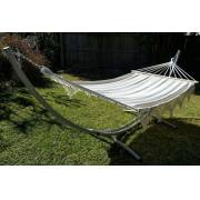 XL Free Standing Hammock: White Spreader Bar Canvas Hammock with Tassels and Arc Stand