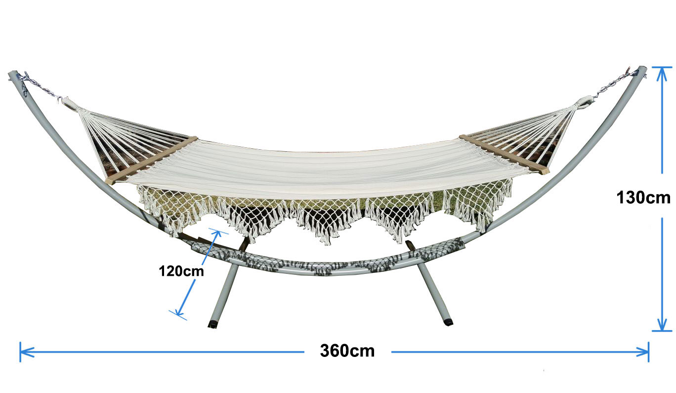 XL Free Standing Hammock: White Spreader Bar Canvas Hammock with Tassels and Arc Stand