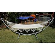XL Free Standing Hammock: White Spreader Bar Canvas Hammock with Tassels and Arc Stand