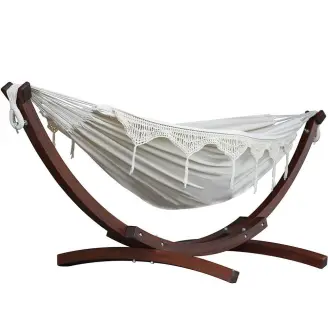 Free Standing Hammock: Large Beige Canvas Hammock with Dark Wood Stand