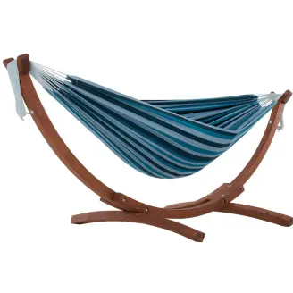 Free Standing Hammock: Large Mixed Blues with Dark Wood Stand